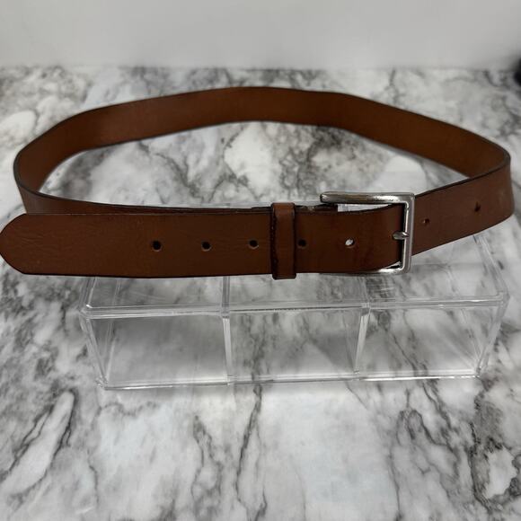Express Brown Genuine Leather Made in USA Mens Size 38 40 Work Belt Silver Tone - Picture 1 of 12